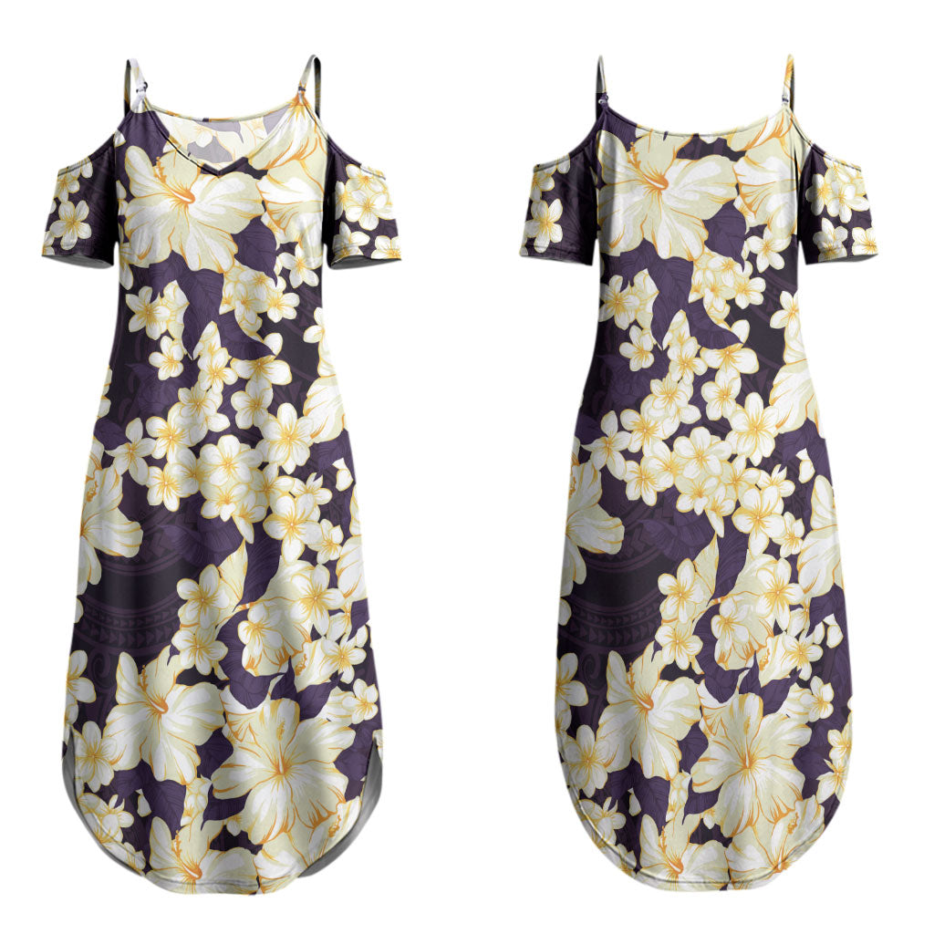 Hawaii Hibiscus Plumeria Purple Family Matching Summer Maxi Dress and Hawaiian Shirt Polynesian Pattern