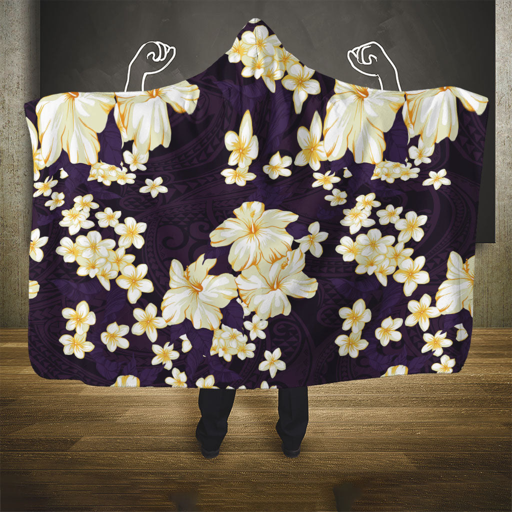 Hawaii Hibiscus Plumeria Purple Hooded Blanket Polynesian Pattern