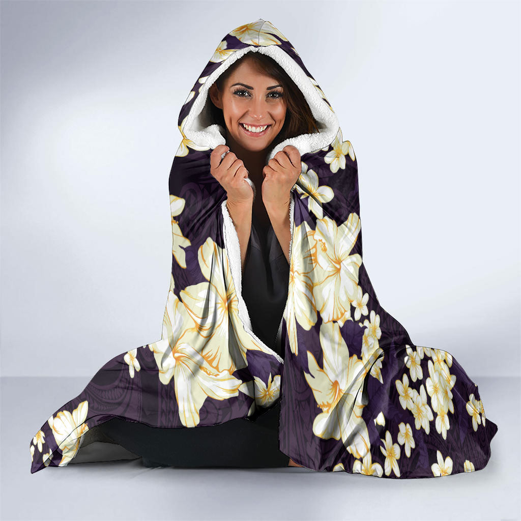 Hawaii Hibiscus Plumeria Purple Hooded Blanket Polynesian Pattern