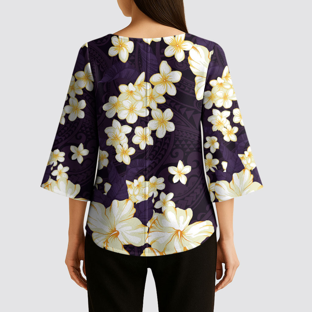 Hawaii Hibiscus Plumeria Purple Kimono Sleeve Blouse Polynesian Pattern