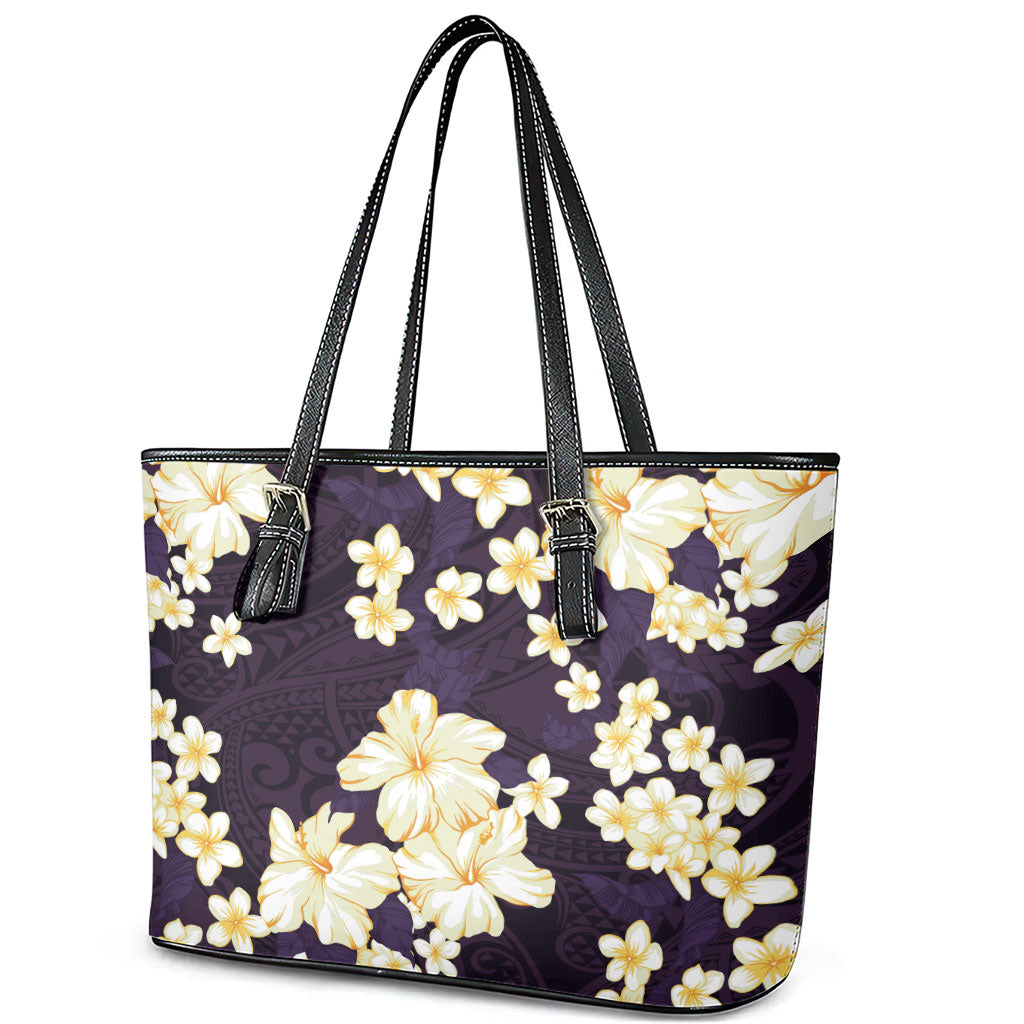 Hawaii Hibiscus Plumeria Purple Leather Tote Bag Polynesian Pattern
