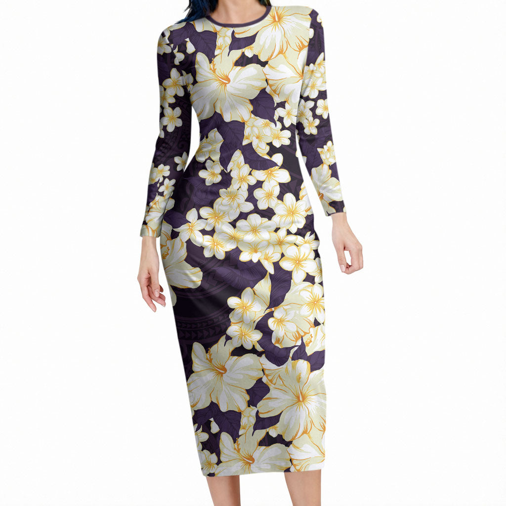Hawaii Hibiscus Plumeria Purple Long Sleeve Bodycon Dress Polynesian Pattern LT01 Long Dress Purple - Polynesian Pride