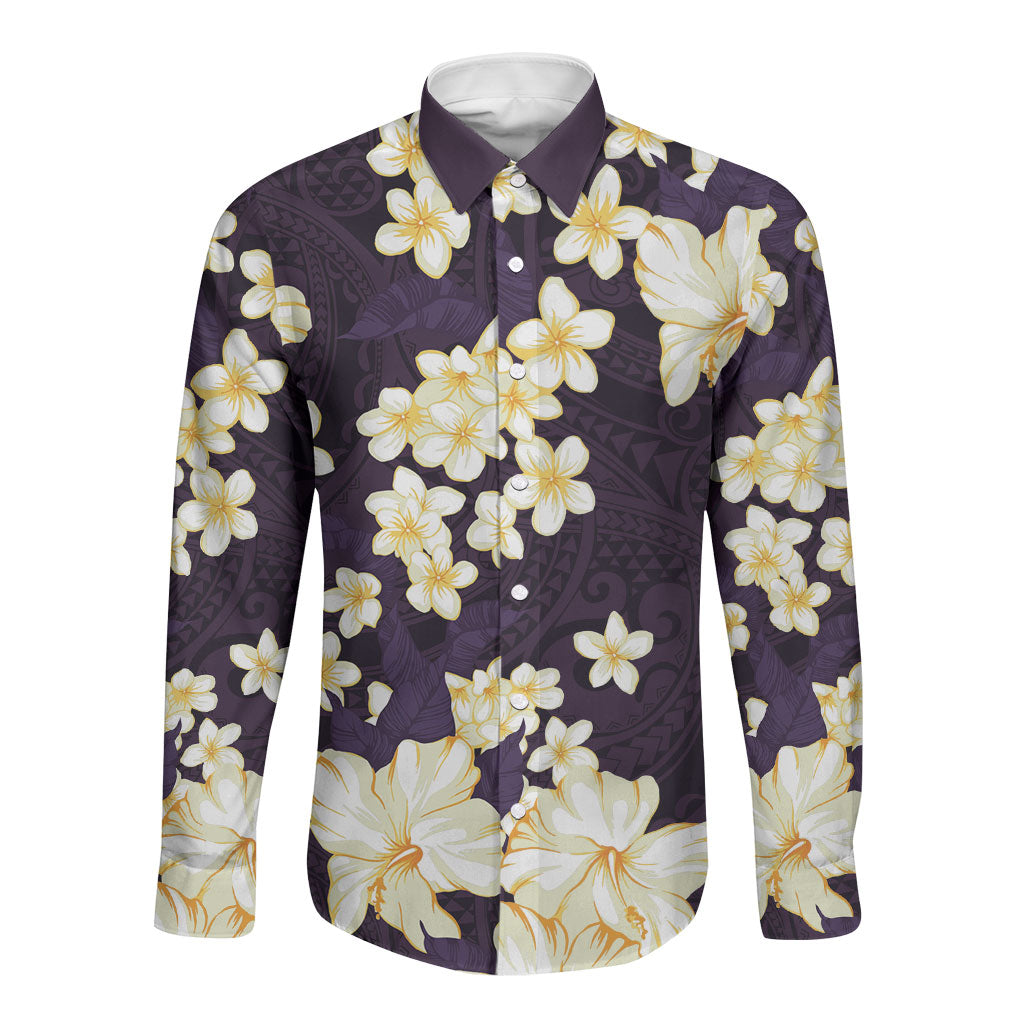 Hawaii Hibiscus Plumeria Purple Long Sleeve Button Shirt Polynesian Pattern