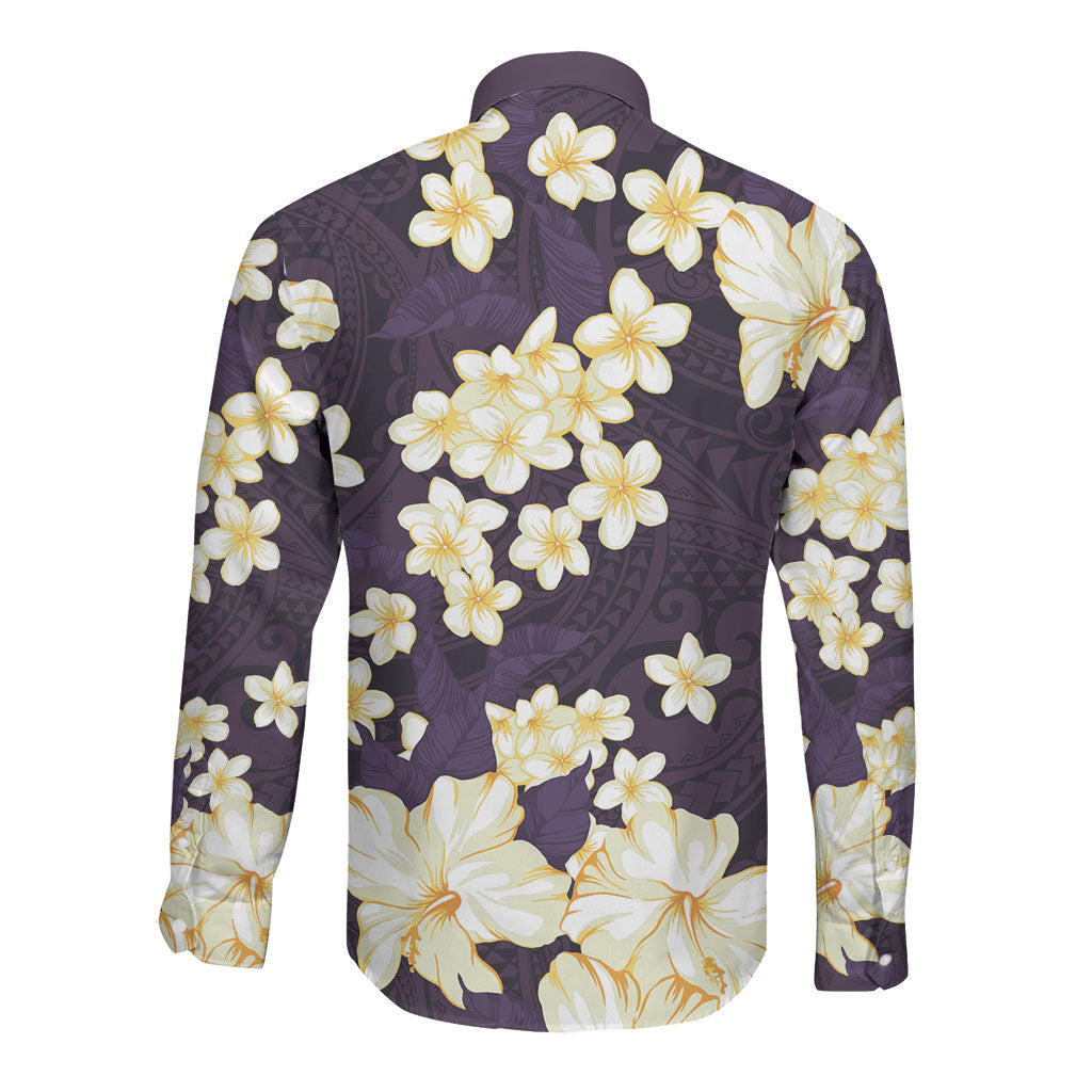Hawaii Hibiscus Plumeria Purple Long Sleeve Button Shirt Polynesian Pattern