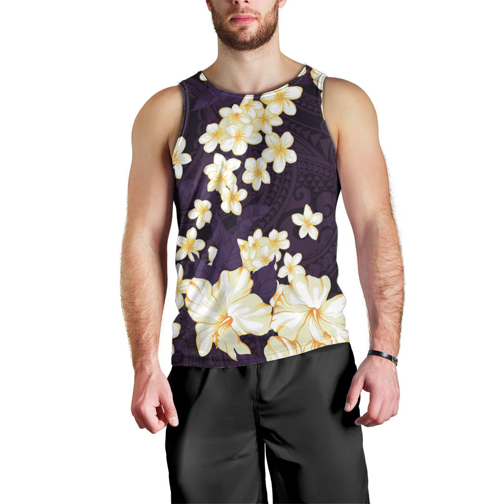 Hawaii Hibiscus Plumeria Purple Men Tank Top Polynesian Pattern