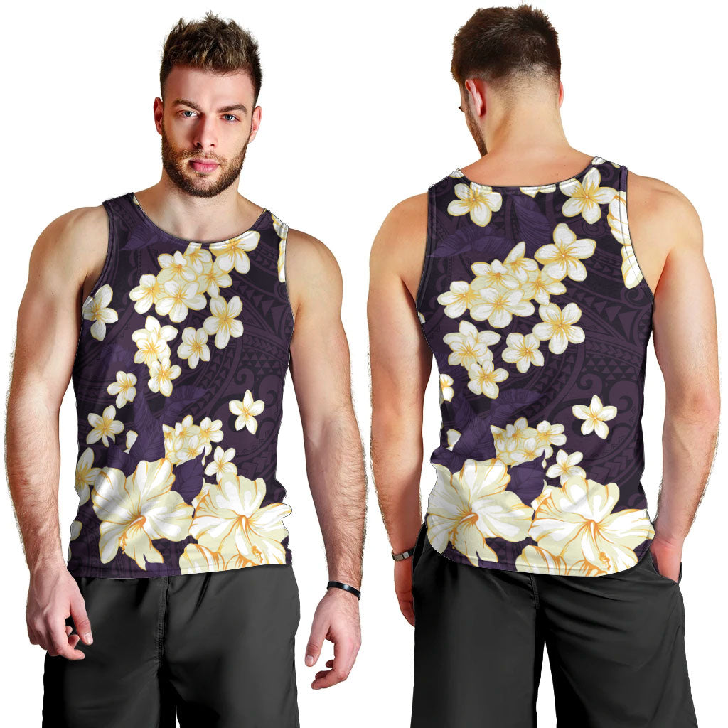 Hawaii Hibiscus Plumeria Purple Men Tank Top Polynesian Pattern