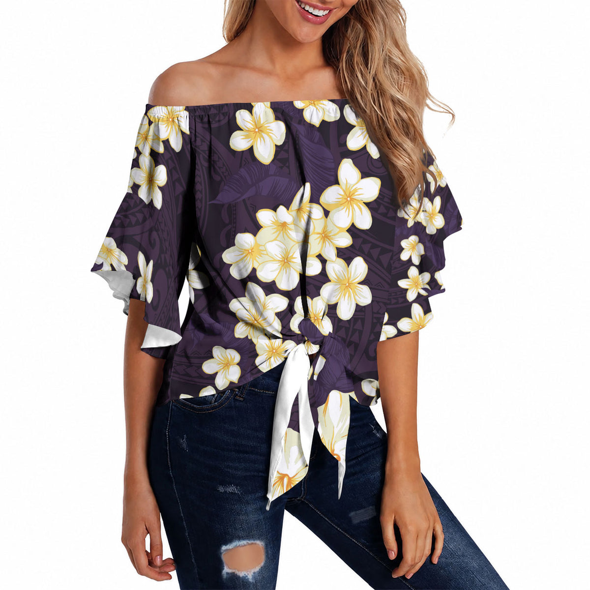 Hawaii Hibiscus Plumeria Purple Off Shoulder Wrap Waist Top Polynesian Pattern