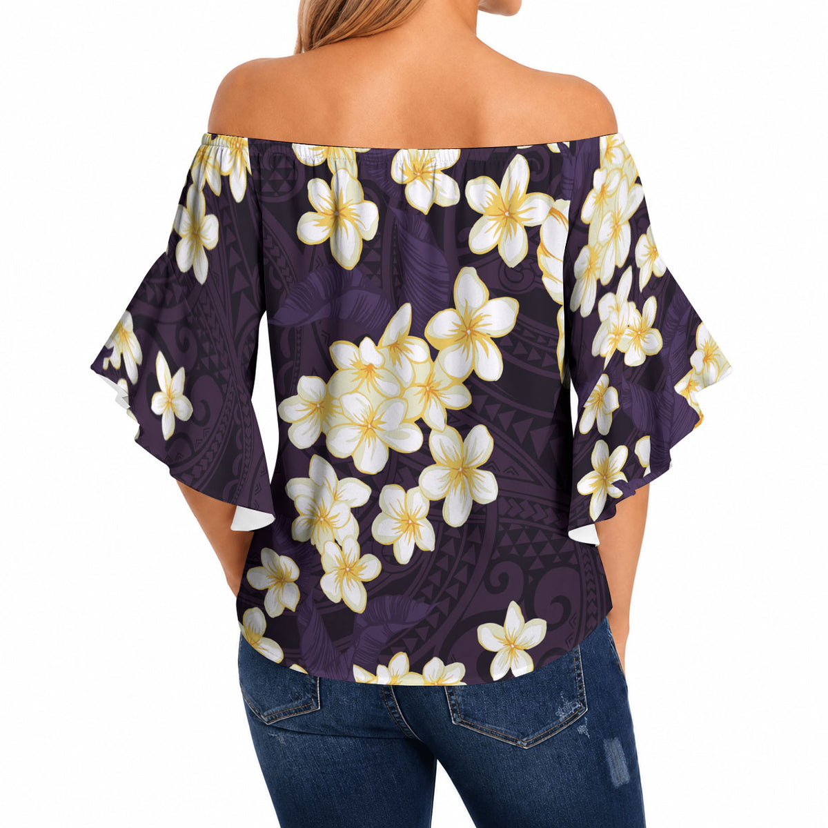 Hawaii Hibiscus Plumeria Purple Off Shoulder Wrap Waist Top Polynesian Pattern