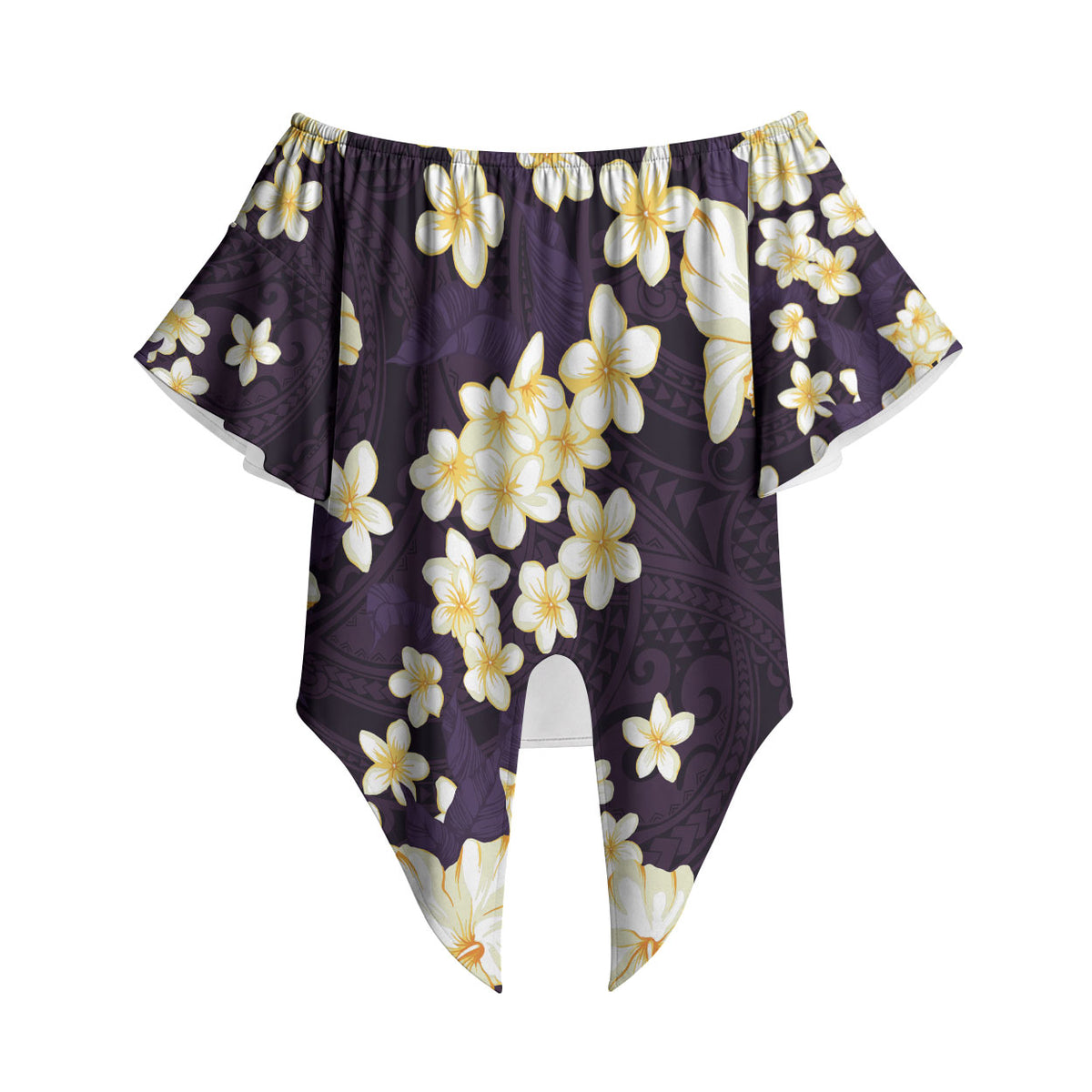 Hawaii Hibiscus Plumeria Purple Off Shoulder Wrap Waist Top Polynesian Pattern