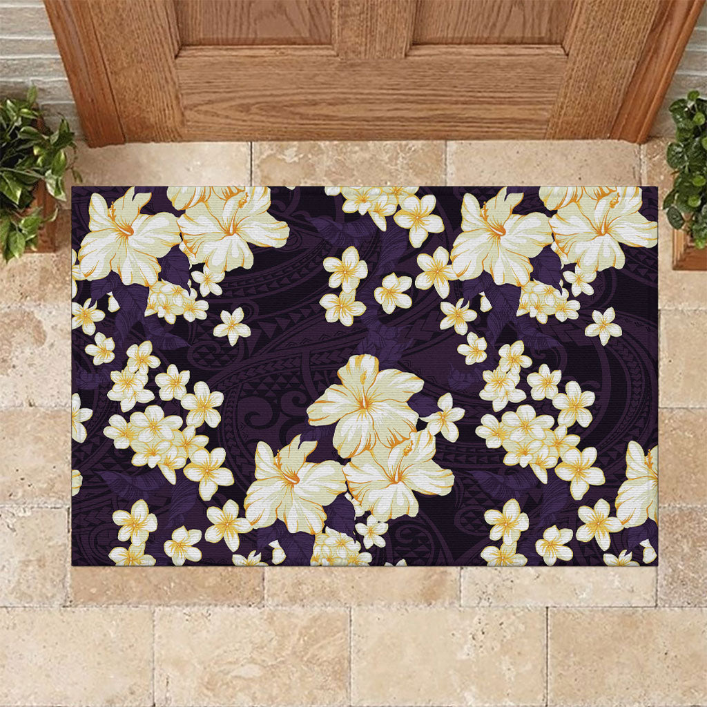 Hawaii Hibiscus Plumeria Purple Rubber Doormat Polynesian Pattern
