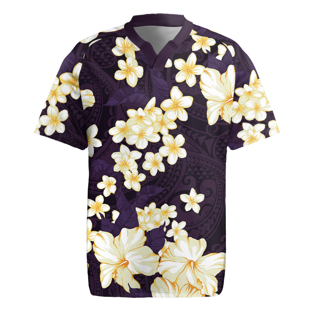 Hawaii Hibiscus Plumeria Purple Rugby Jersey Polynesian Pattern
