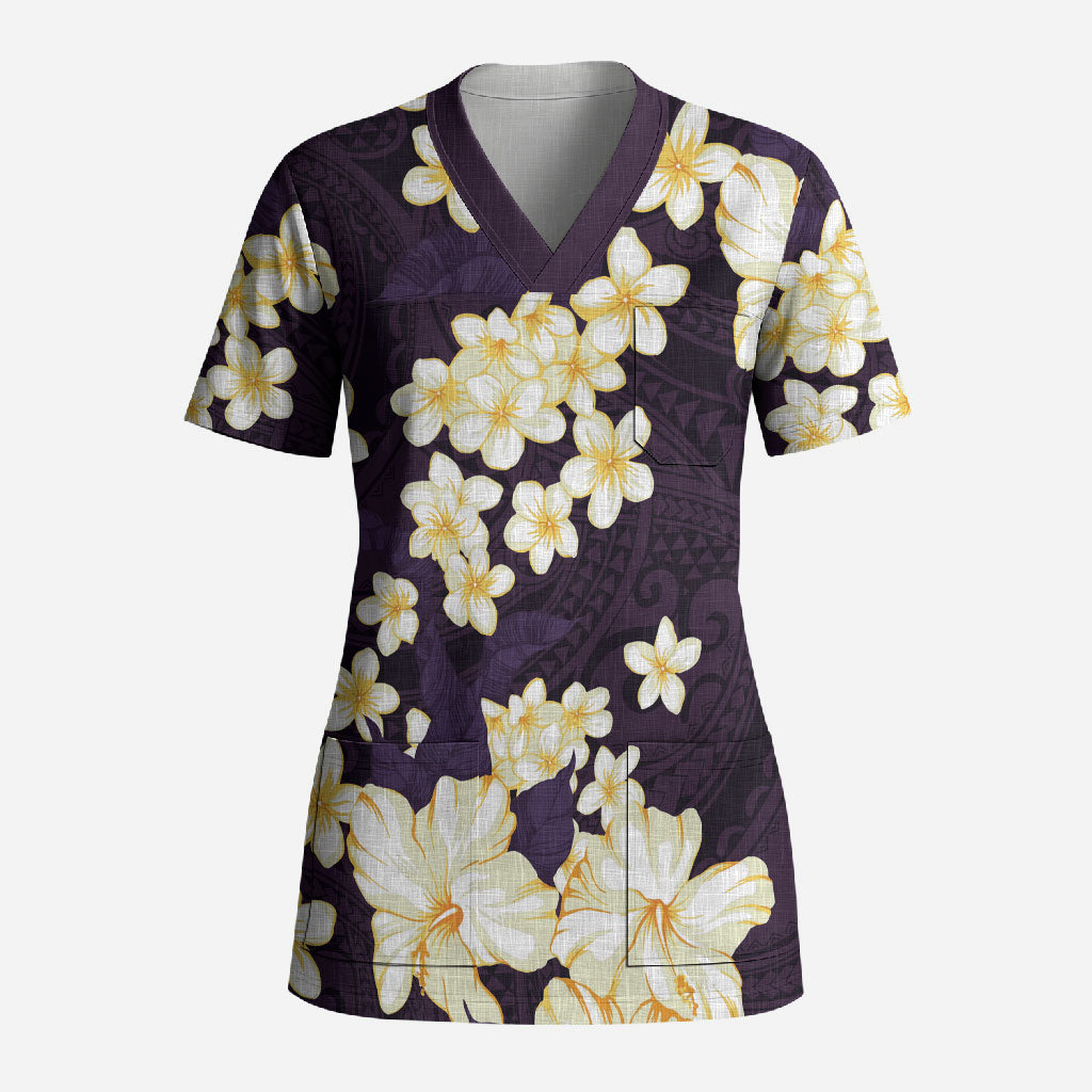Hawaii Hibiscus Plumeria Purple Scrub Top Polynesian Pattern