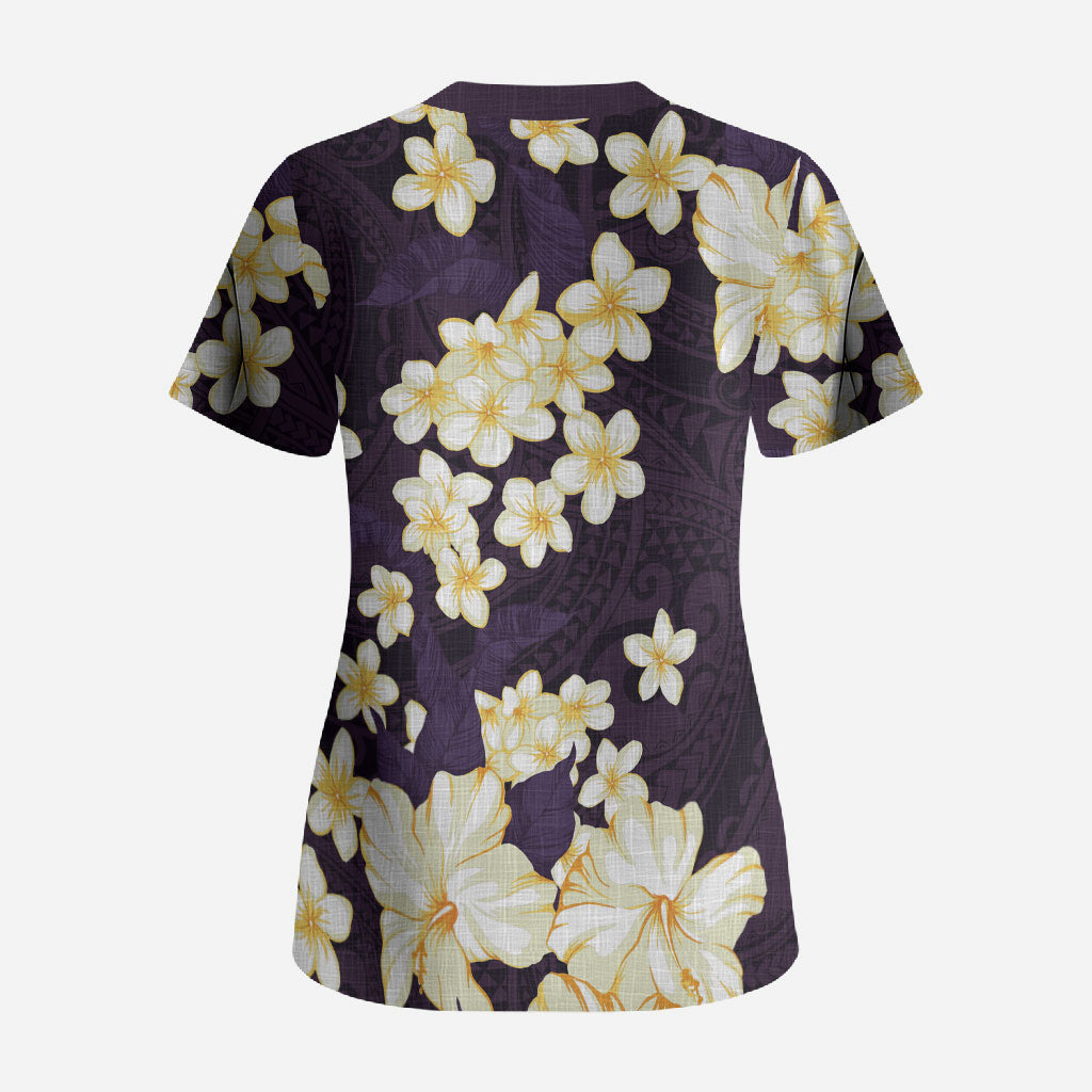Hawaii Hibiscus Plumeria Purple Scrub Top Polynesian Pattern