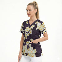 Hawaii Hibiscus Plumeria Purple Scrub Top Polynesian Pattern