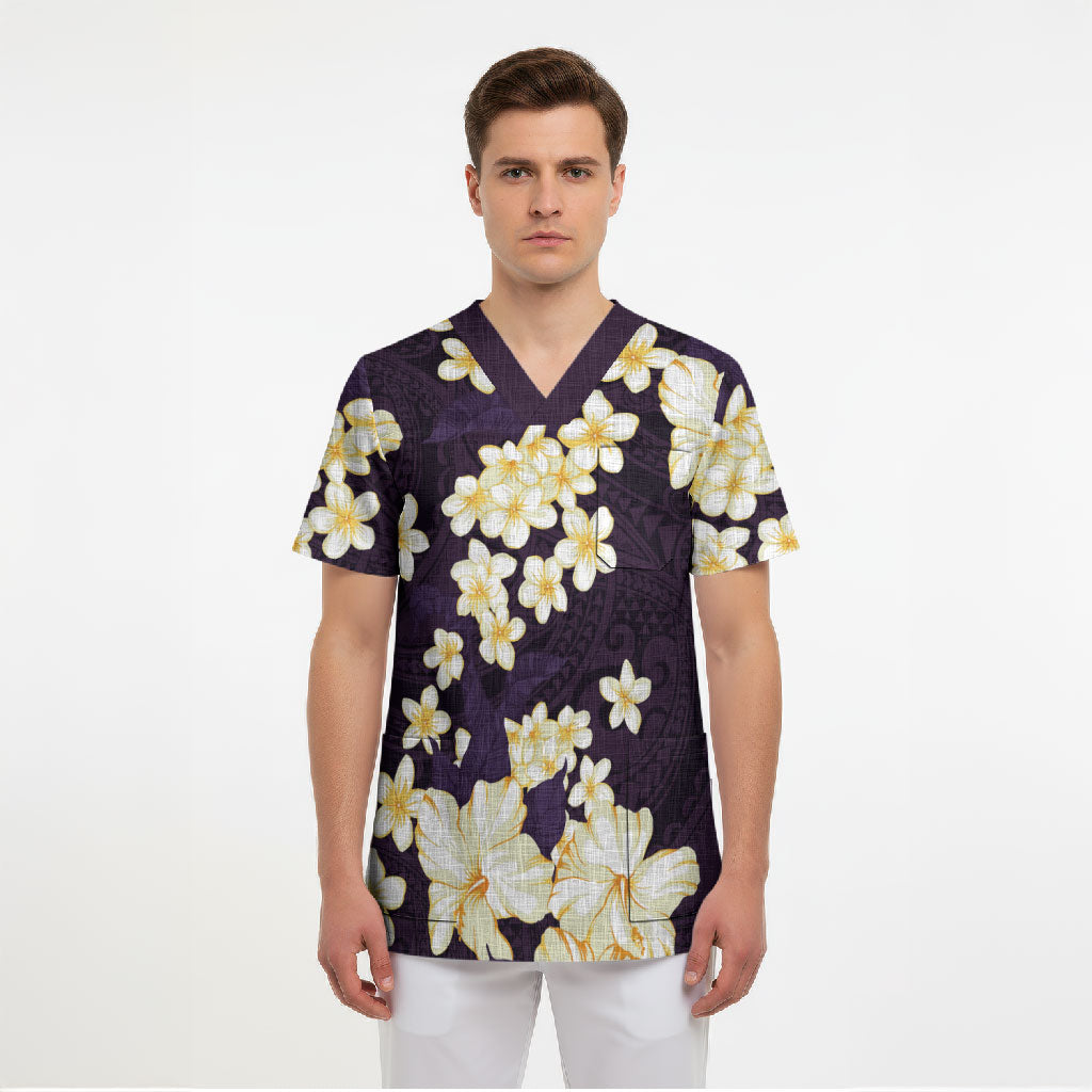 Hawaii Hibiscus Plumeria Purple Scrub Top Polynesian Pattern