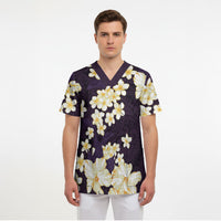Hawaii Hibiscus Plumeria Purple Scrub Top Polynesian Pattern