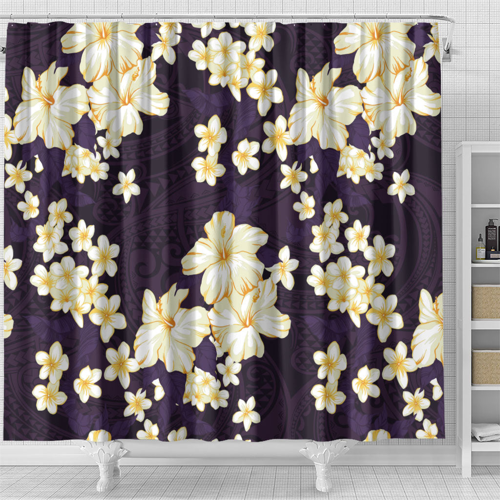Hawaii Hibiscus Plumeria Purple Shower Curtain Polynesian Pattern
