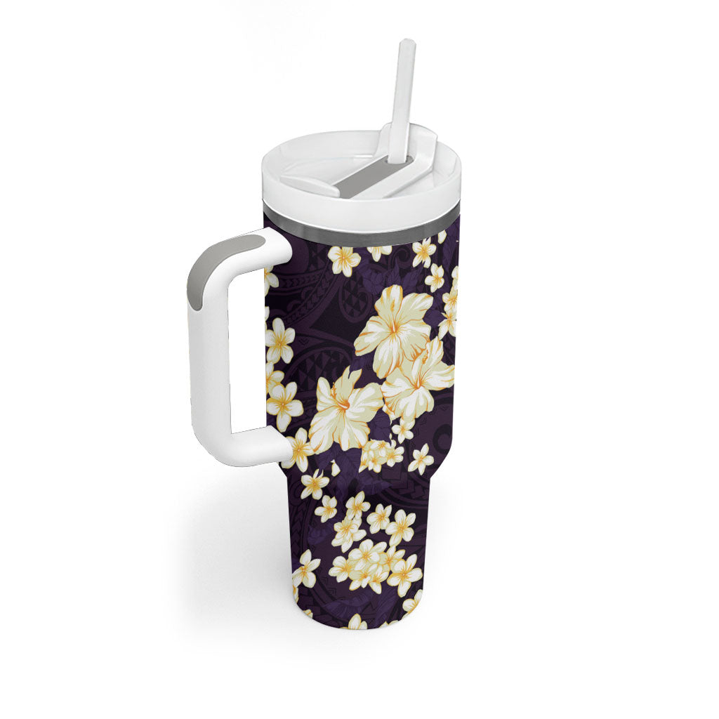 Hawaii Hibiscus Plumeria Purple Tumbler With Handle Polynesian Pattern