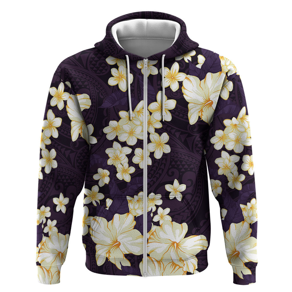 Hawaii Hibiscus Plumeria Purple Zip Hoodie Polynesian Pattern