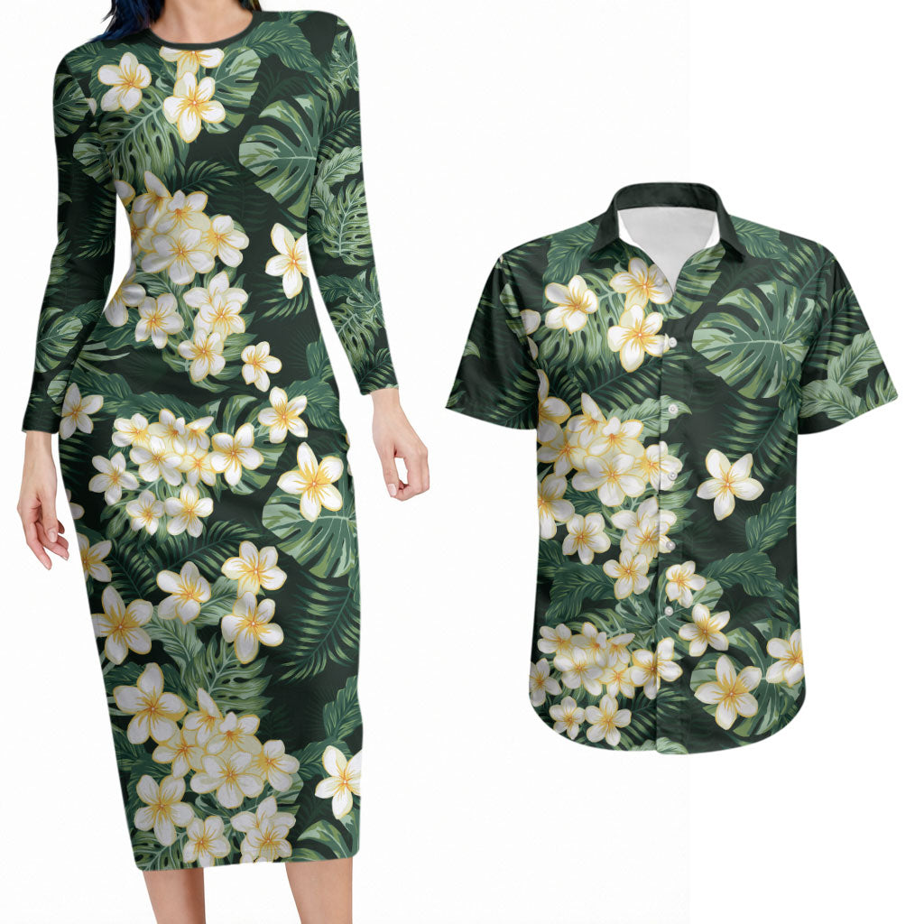 Hawaii Plumeria Tropical Leaves Couples Matching Long Sleeve Bodycon Dress and Hawaiian Shirt Monstera Calathea Palm Fronds