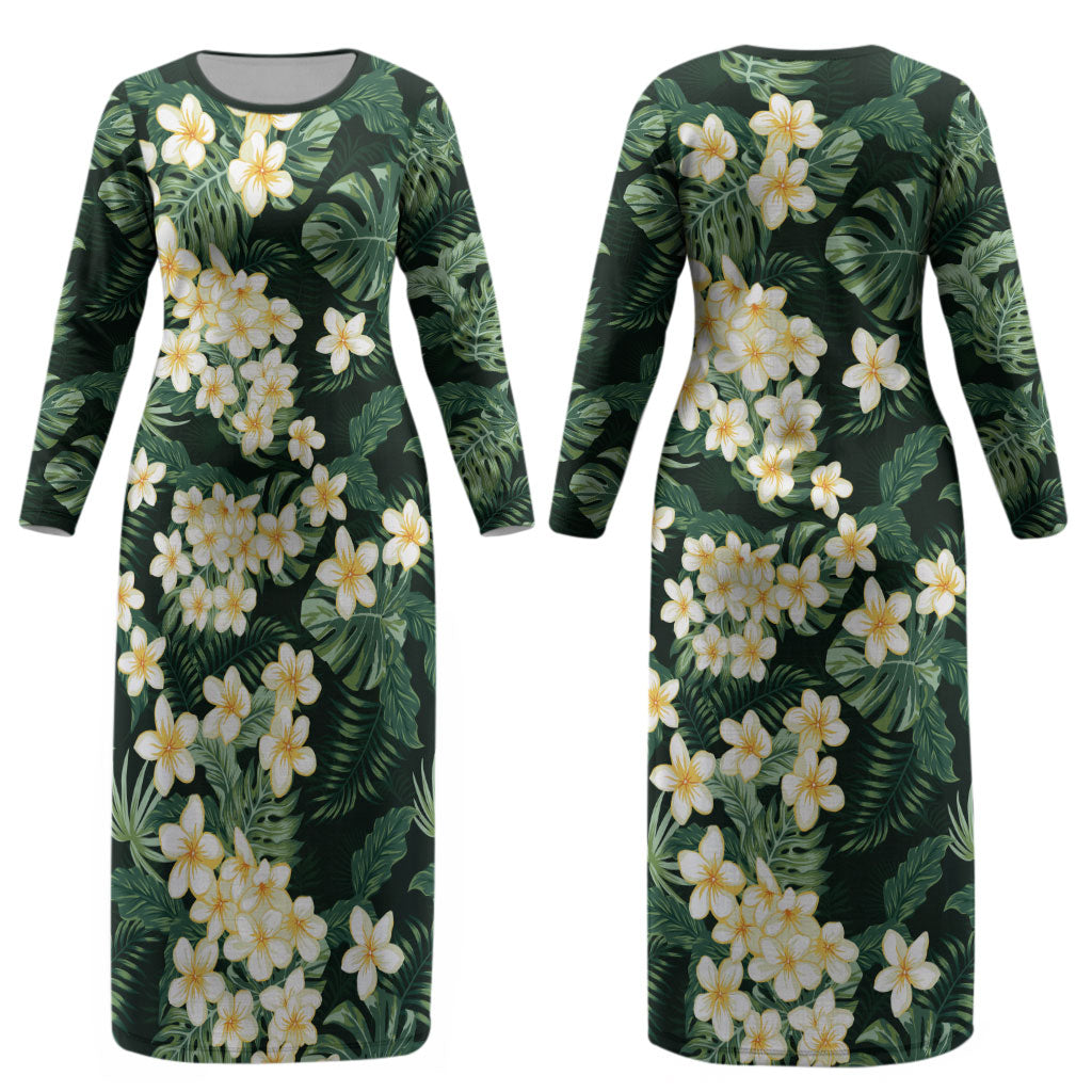 Hawaii Plumeria Tropical Leaves Couples Matching Long Sleeve Bodycon Dress and Long Sleeve Button Shirt Monstera Calathea Palm Fronds