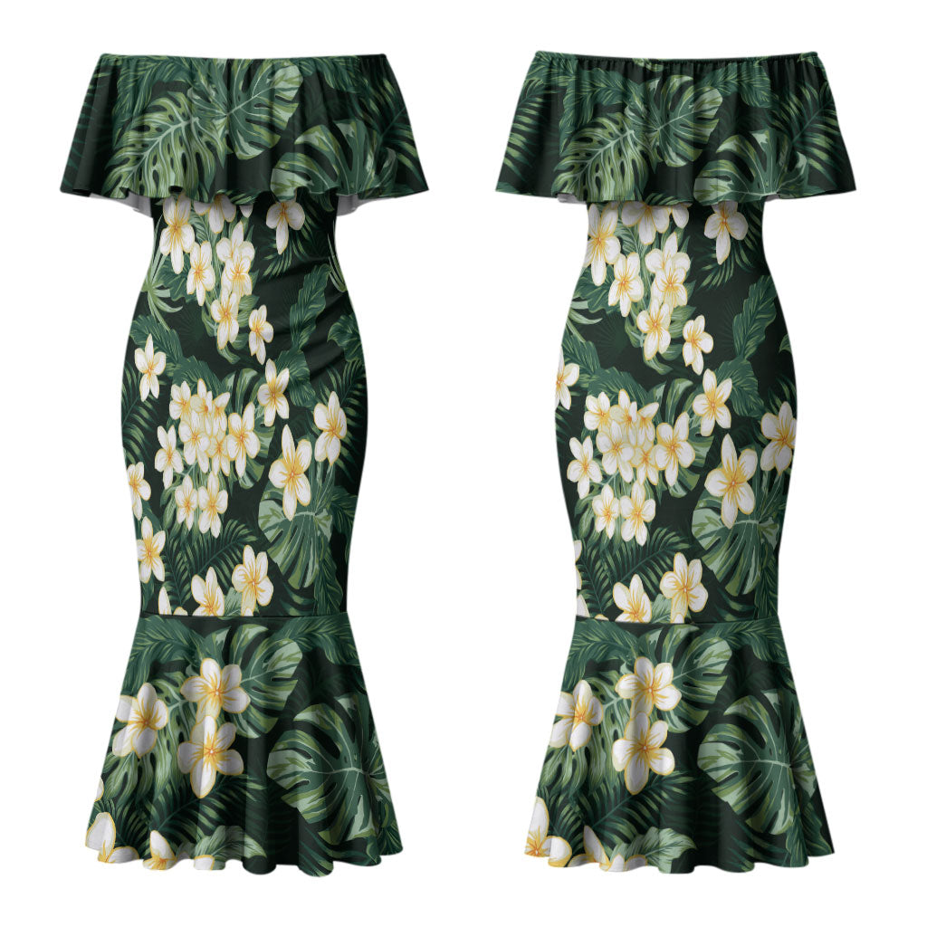 Hawaii Plumeria Tropical Leaves Couples Matching Mermaid Dress and Hawaiian Shirt Monstera Calathea Palm Fronds