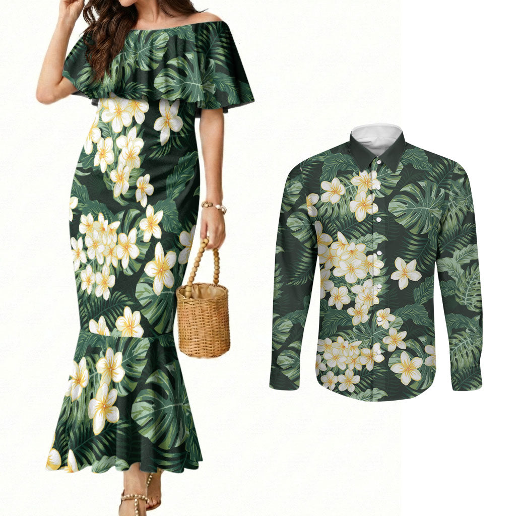 Hawaii Plumeria Tropical Leaves Couples Matching Mermaid Dress and Long Sleeve Button Shirt Monstera Calathea Palm Fronds