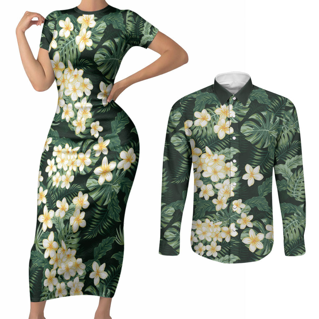 Hawaii Plumeria Tropical Leaves Couples Matching Short Sleeve Bodycon Dress and Long Sleeve Button Shirt Monstera Calathea Palm Fronds