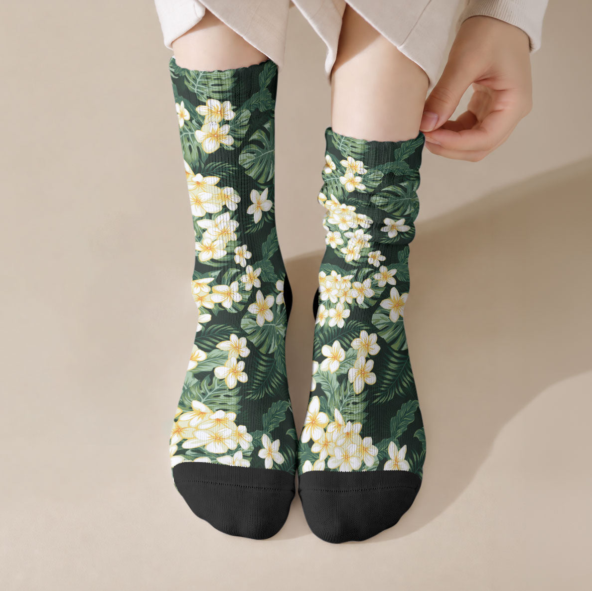 Hawaii Plumeria Tropical Leaves Crew Socks Monstera Calathea Palm Fronds