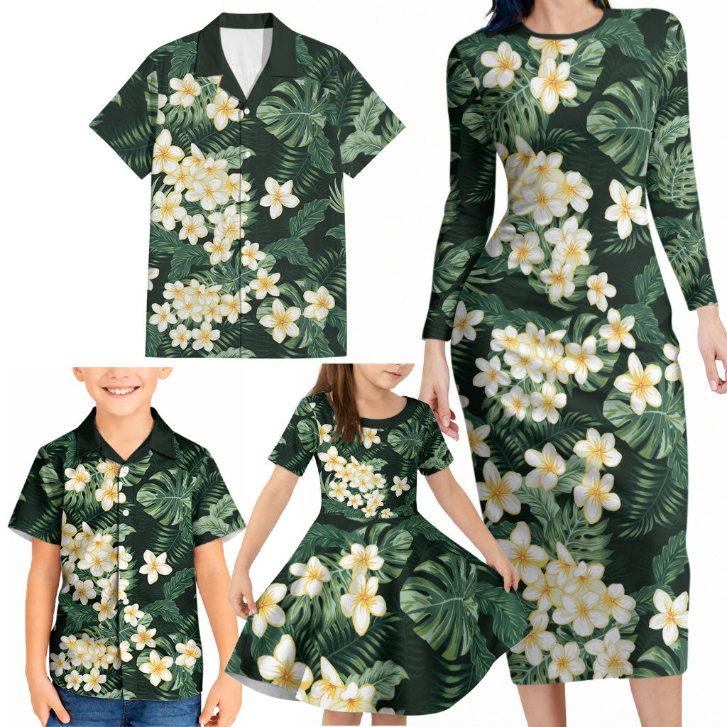 Hawaii Plumeria Tropical Leaves Family Matching Long Sleeve Bodycon Dress and Hawaiian Shirt Monstera Calathea Palm Fronds