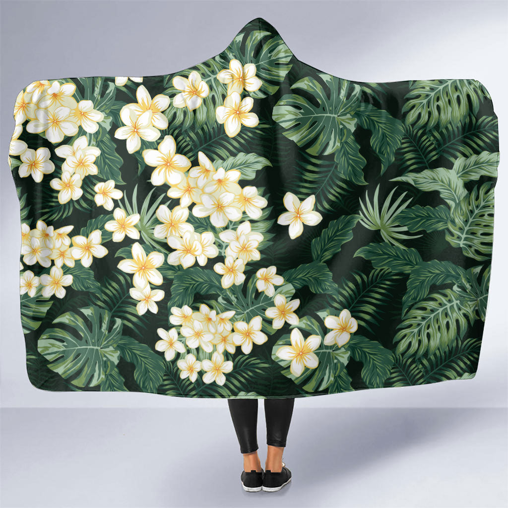 Hawaii Plumeria Tropical Leaves Hooded Blanket Monstera Calathea Palm Fronds