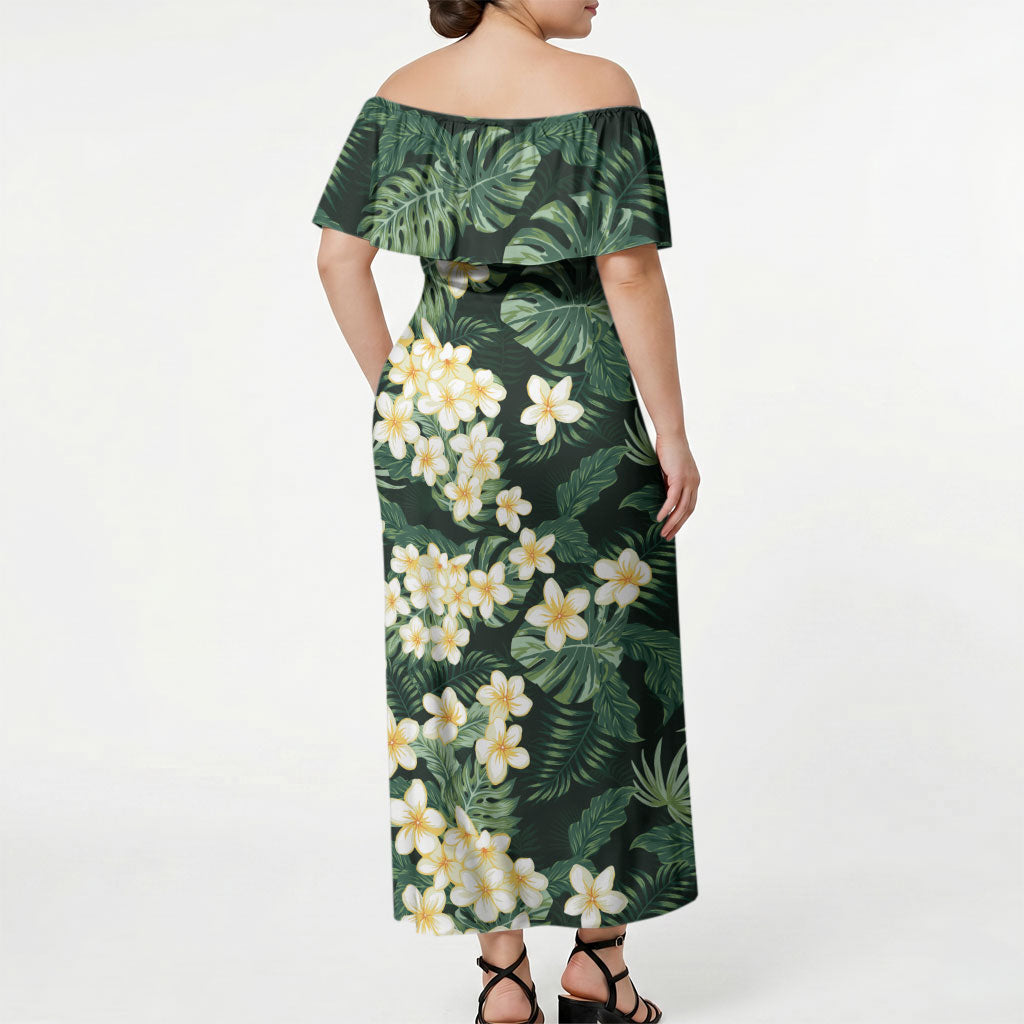 Hawaii Plumeria Tropical Leaves Off Shoulder Maxi Dress Monstera Calathea Palm Fronds