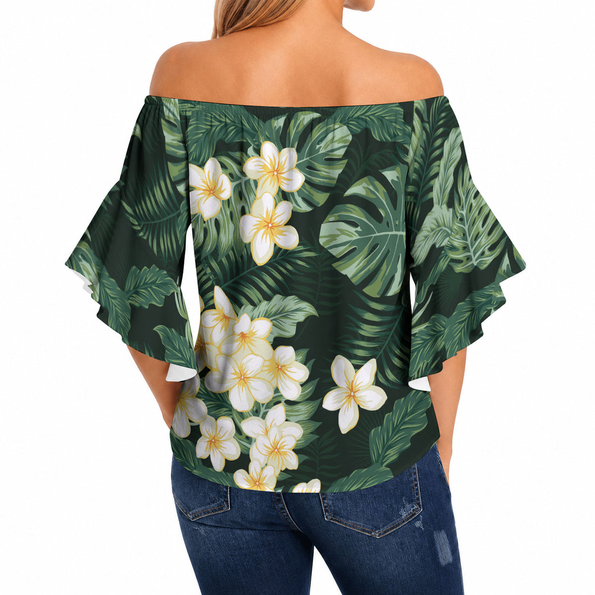 Hawaii Plumeria Tropical Leaves Off Shoulder Wrap Waist Top Monstera Calathea Palm Fronds