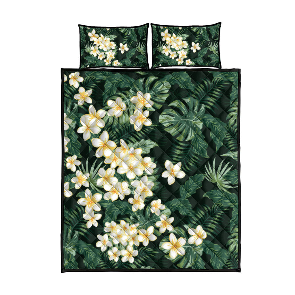 Hawaii Plumeria Tropical Leaves Quilt Bed Set Monstera Calathea Palm Fronds