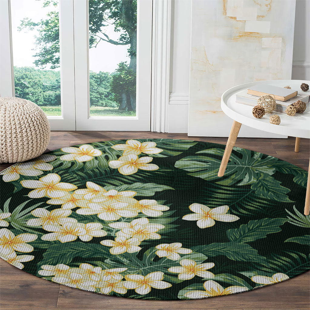Hawaii Plumeria Tropical Leaves Round Carpet Monstera Calathea Palm Fronds