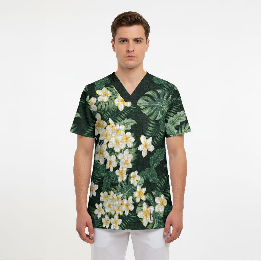 Hawaii Plumeria Tropical Leaves Scrub Top Monstera Calathea Palm Fronds