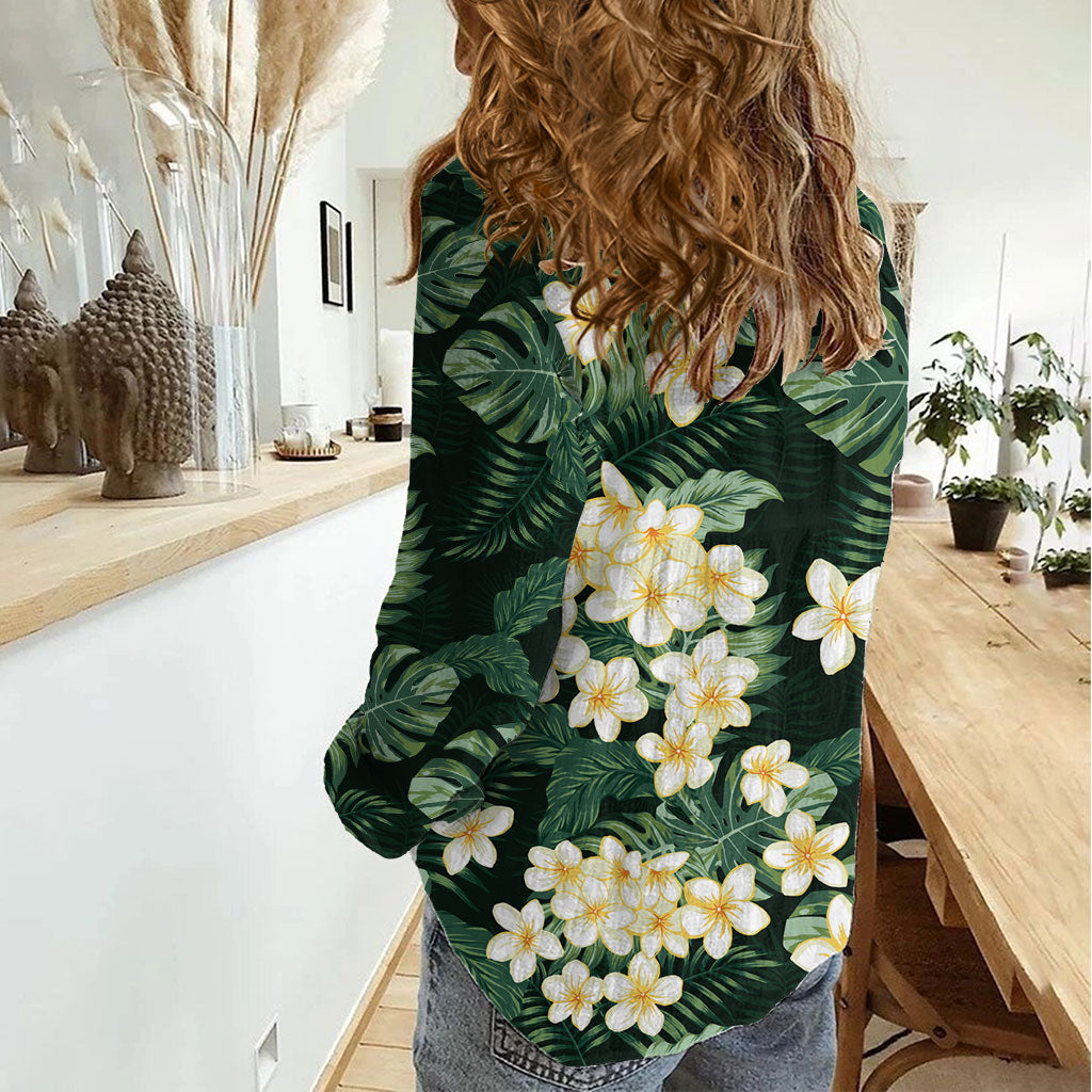 Hawaii Plumeria Tropical Leaves Women Casual Shirt Monstera Calathea Palm Fronds