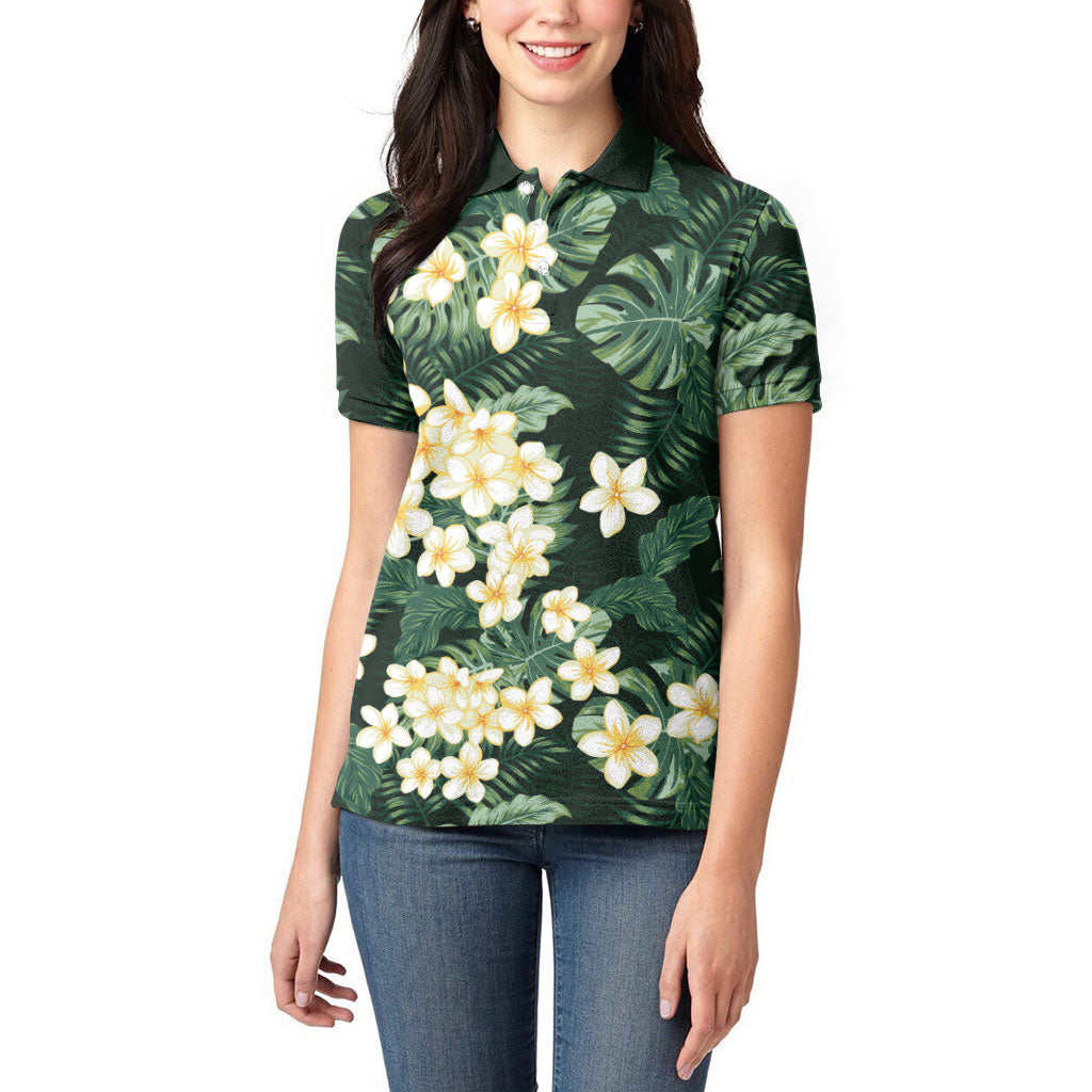 Hawaii Plumeria Tropical Leaves Women Polo Shirt Monstera Calathea Palm Fronds