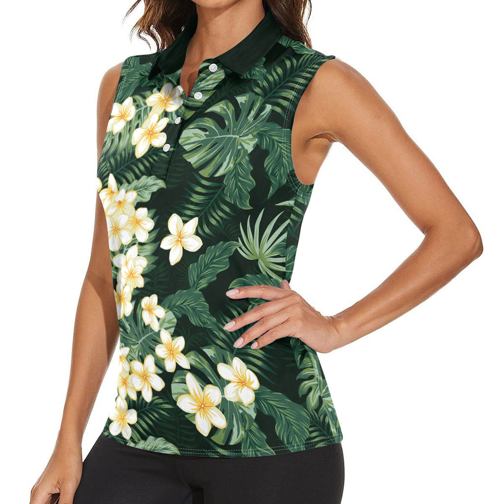Hawaii Plumeria Tropical Leaves Women Sleeveless Polo Shirt Monstera Calathea Palm Fronds