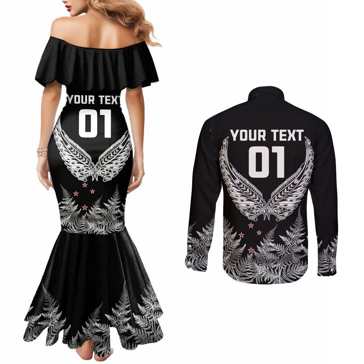 Custom New Zealand Rugby Couples Matching Mermaid Dress and Long Sleeve Button Shirt NZ Opango Forever Silver Fern Heart LT01 - Polynesian Pride
