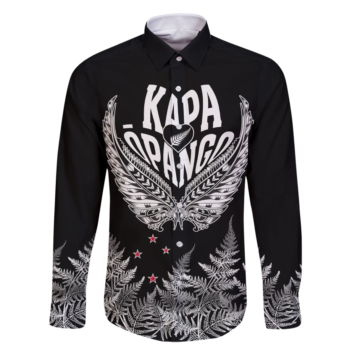 Custom New Zealand Rugby Family Matching Off Shoulder Short Dress and Hawaiian Shirt NZ Opango Forever Silver Fern Heart LT01 Dad's Shirt - Long Sleeve Black - Polynesian Pride