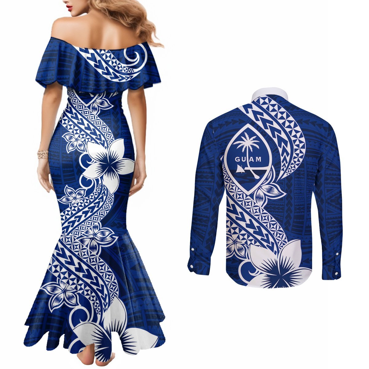 Hafa Adai Guam Couples Matching Mermaid Dress and Long Sleeve Button Shirt Polynesian Floral Blue Pattern LT01 - Polynesian Pride