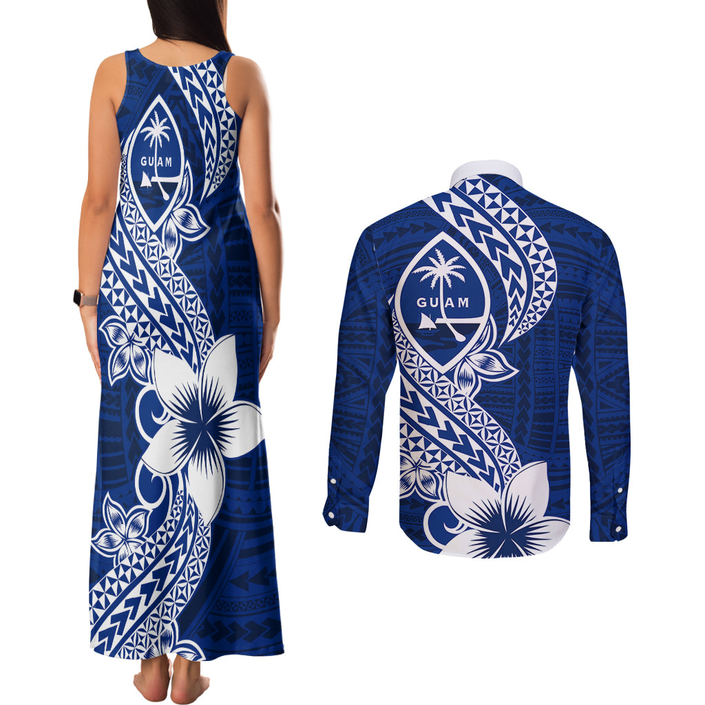 Hafa Adai Guam Couples Matching Tank Maxi Dress and Long Sleeve Button Shirt Polynesian Floral Blue Pattern LT01 - Polynesian Pride