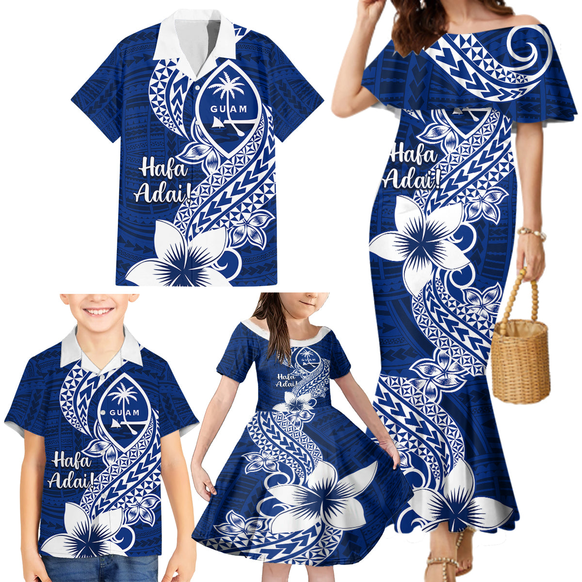 Hafa Adai Guam Family Matching Mermaid Dress and Hawaiian Shirt Polynesian Floral Blue Pattern LT01 - Polynesian Pride