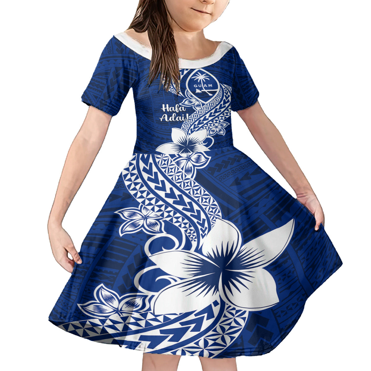 Hafa Adai Guam Kid Short Sleeve Dress Polynesian Floral Blue Pattern LT01 KID Blue - Polynesian Pride