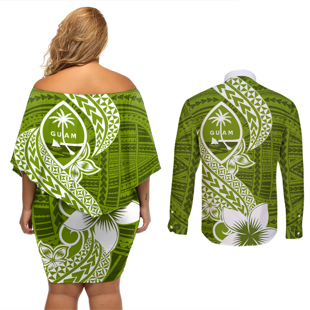 Hafa Adai Guam Couples Matching Off Shoulder Short Dress and Long Sleeve Button Shirt Polynesian Olive Green Blue Pattern LT01 - Polynesian Pride