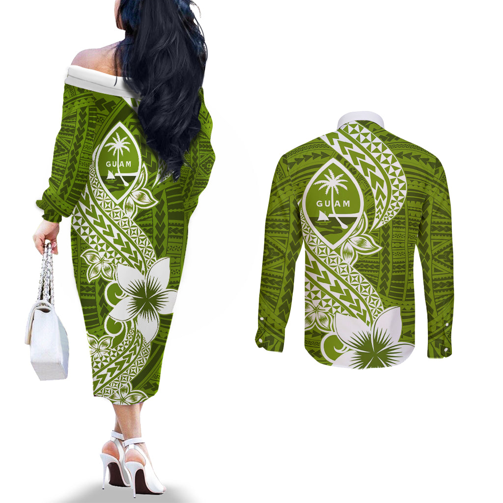 Hafa Adai Guam Couples Matching Off The Shoulder Long Sleeve Dress and Long Sleeve Button Shirt Polynesian Olive Green Blue Pattern LT01 - Polynesian Pride