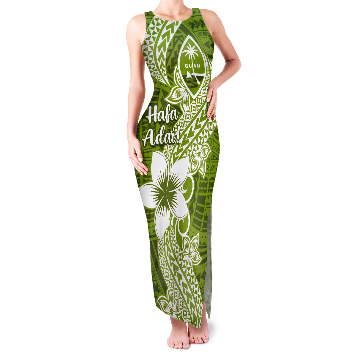 Hafa Adai Guam Family Matching Tank Maxi Dress and Hawaiian Shirt Polynesian Olive Green Blue Pattern LT01 Mom's Dress Green - Polynesian Pride