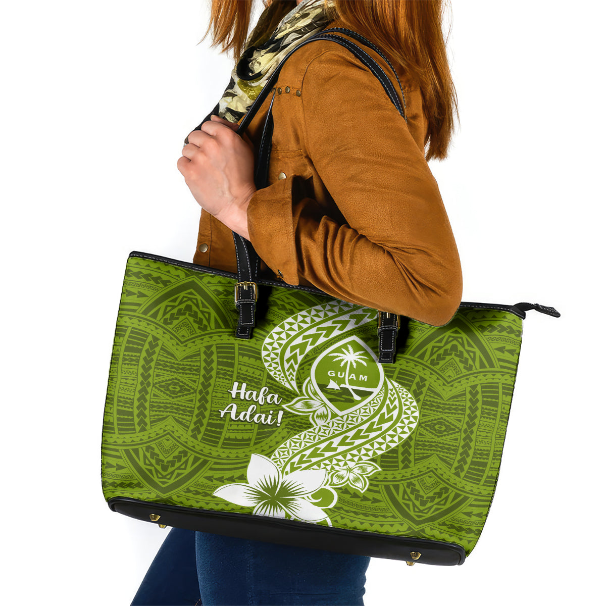 Hafa Adai Guam Leather Tote Bag Polynesian Olive Green Blue Pattern LT01 Green - Polynesian Pride