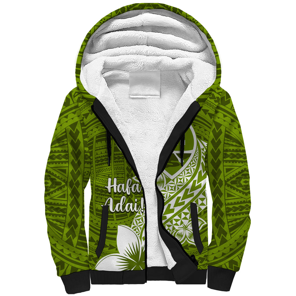Hafa Adai Guam Sherpa Hoodie Polynesian Olive Green Blue Pattern LT01 Unisex Green - Polynesian Pride